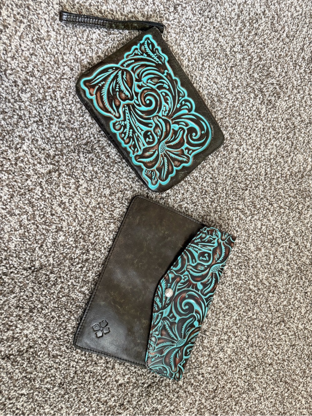 Patricia Nash Brown Leather Wristlet and Clutch with Turquoise Tooled Accents